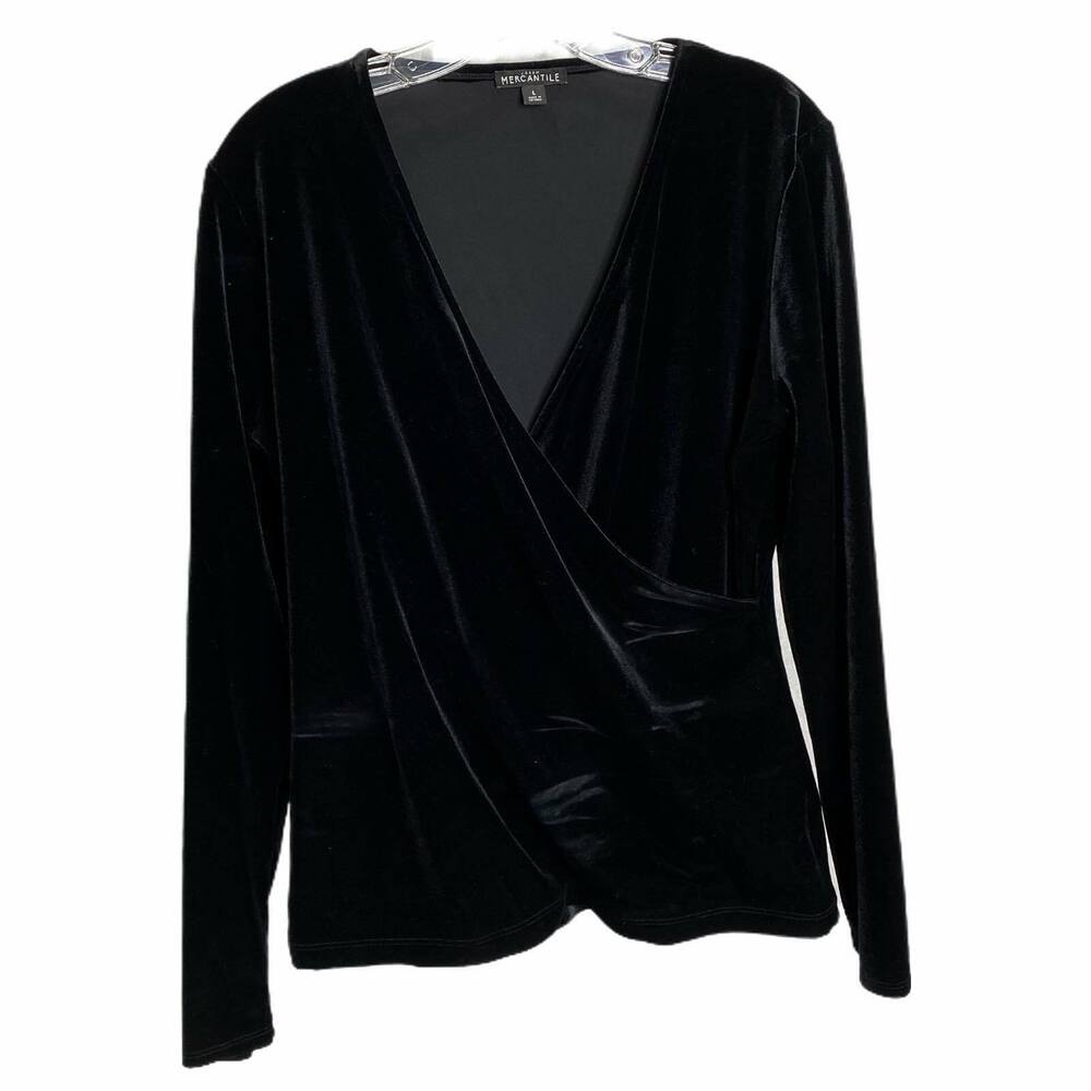 J.Crew Mercantile Women's Sz L Long Sleeve Blouse Black‎ Velvet Stretch V-Neck